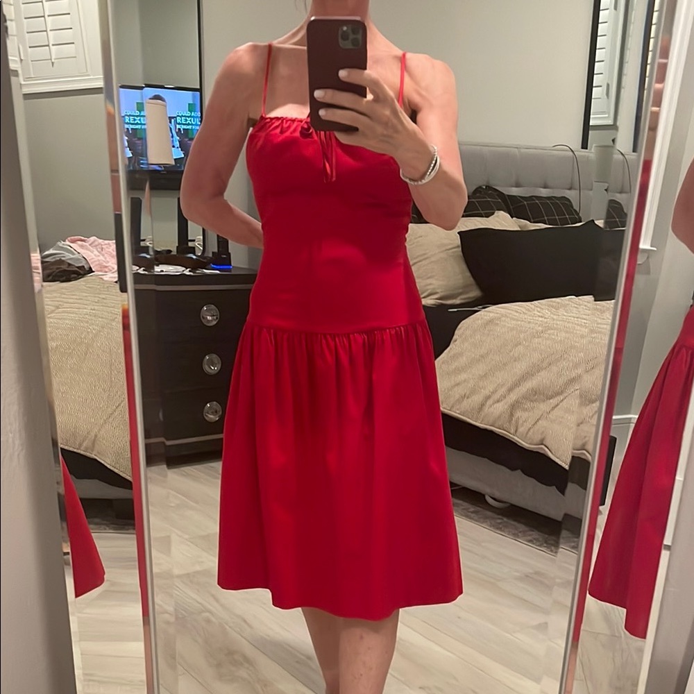 Reformation Drop Waist Poplin Cherry Red Midi Dress Size 4